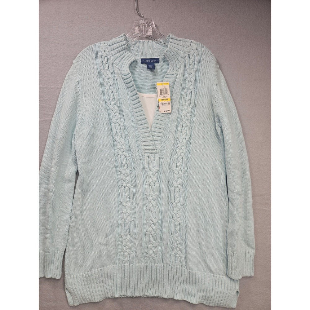 Karen Scott Womens Cable Knit Split V-Neck Sweater Iced Aqua Blue Medium NEW